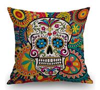 SSOIU Sugar Skull Cotton Linen Outdoor Pillow Cases Square Standard Cushion Covers for Sofa Couch Bed 18x18 inch
