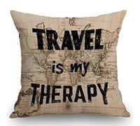 SSOIU Travel is My Therapy Pillow Cushion Bedroom Wanderlust Present Home Decor Quote Cotton Linen Outdoor Pillow Cases Square Standard Cushion Covers for Sofa Couch Bed 18x18 inch
