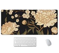 SSOIU White Peony Desk Pad, Beige Desk Protector, Green Desk Blotter, Floral Keyboard Mat, Extended Gaming Mouse Pad (35.5x15.7 in), Large Non-Slip Rubber Base Mousepad with Stitched Edges