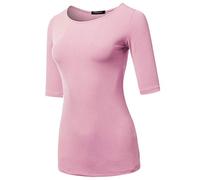 SSOULM Women's Basic Stretchy 1/2 Sleeve Crewneck Slim Fit T-Shirt Top Clothing with Plus Size, Stt017_darkpink, M