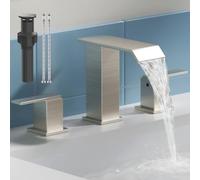SSREEZNX Bathroom Sink Faucet 3 Hole Waterfall Brushed Nickel Modern 2 Handle Bathroom Faucet with Pop-up Drain and Waterline for Vanity