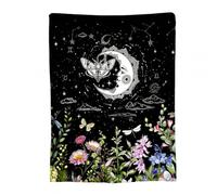 SSTREE Boho Moon Phase Floral Butterfly Throw Blanket - Witchy Celestial Constellation Botanical Cozy Flannel Blanket for Bed Sofa Couch, Astrology Zodiac Gift for Women Girls 40"X50"