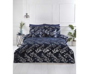 (Ssuper King Duvet Cover set) Como Duvet Cover Set Navy Leaves Foil Details