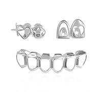 SSyang Hip-hop Teeth,1 Set Teeth Grills,Hip Hop Teeth Grills,Hollowed-Out Argent Plated Tooth,Braces Top and Bottom Grill Cap Shiny Teeth,for Men's and Women's Parties,Proms,Halloween Role Plays