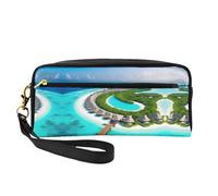 SSYGHT Maldives Scenery Print Leather Small Makeup Bag – Travel Toiletry Bag for Women, Reusable Cosmetic Pouch with Zipper, Black, One Size