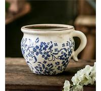 SSYun Welcome Planter Retro Rustic Ceramic Flower Pot With Handle- Vintage Cracked Vase Front Patio Decor(Blue2,With drain)
