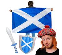 St Andrews Scottish Accessory Set - Wearable Scottish Flag Cape + Tam O'shanter Hat With Attached Hair + Inflatable Scotland Sword and Shield - St Andrews Day Scotland Fancy Dress Accessory Set