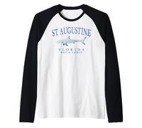St. Augustine Florida Shark Retro Arched Blue Letters Raglan Baseball Tee