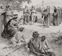 St. Augustine meets King Ethelbert for the first time. Augustine led the Gregorian mission from Rome to Britain to Christianize King ÔøΩthelberht and his Kingdom of Kent from Anglo-Saxon paganism