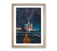 St Basils Cathedral At Night Painting Modern Framed Print | A3 Oak Framed Wall Art | Ready to Hang | Modern Cityscape Picture | Living Room Bedroom Lounge Office