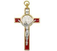 St. Benedict Crucifix Necklace | Red and Gold-Tone with Brown Cord | Protective Case and St. Benedict Prayer Card | Catholic Gift for Confirmation