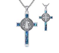 St Benedict Necklace 925 Sterling Silver Cross Saint Benedict Medal Abalone Shell Pendant Necklace Christian Religious Sacramental Talisman Catholic Jewellery Gifts for Women Men