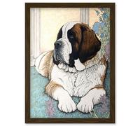 St Bernard Dog Lying by Flower Pot Modern Bright Multicoloured Illustration Artwork Framed Wall Art Print A4 Artery8 Brown One Size