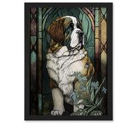 St Bernard Dog with Silvery Lupine Flowers Modern Art Nouveau Illustration Artwork Framed Wall Art Print A4 Artery8 Black One Size