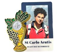 St. Carlo Acutis First Holy Communion Lapel Pin - Eucharistic Chalice Design with Laminated Prayer Card - Catholic Gift for Him - Made in USA Display Card