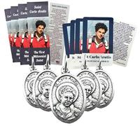 St Carlo Acutis Medal Catholic Gift Set Italian Metal Saint Medallion Charm with USA Made Laminated Holy Prayer Cards and Bible Bookmarks, 5 of Each