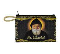 St. Charbel Rosary Pouch with Zipper Closure and Gold Wrist Strap, Catholic Religious Gift