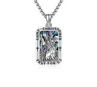 St Christopher Necklace for Men, St Christopher/Jesus Necklace 925 Sterling Silver Antiqued Religious Pendant Men Necklaces Talisman Jewellery Christening Gifts (Square Abalone)