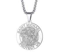 St Christopher Necklace Saint Michael George Barbara Pendant Women Men The Seal of The Seven Archangels Charm Chain Religious Medal Medallion Disc Jewelry Christian Gift (St Michael-057S)