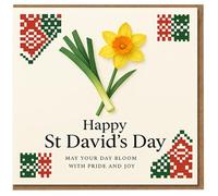 St David’s Day Card - Daffodil and Leek Welsh Design with Tapestry Corners - Happy St David’s Day - May Your Bloom with Pride and Joy - Wales Celebration Greeting Card