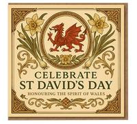 St David's Day Card - Celebrate St David's Day, Honouring the Spirit of Wales - Red Welsh Dragon with Daffodils and Leeks - Elegant Celtic Design