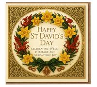 St David's Day Card - Happy St David's Day - Welsh Dragons and Daffodil Wreath with Celtic Knot Border - Celebrating Welsh Heritage and Springtime Joy