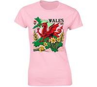 St Davids Day Ladies T-Shirt Welsh Flag Dragon Fusion Daffodil Wales Festival Fancy Dress Costume Womens Gift Tshirt Light Pink - Large
