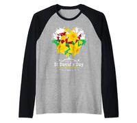 St Davids Day Outfit For Kids & Welsh Flag With Daffodils Raglan Baseball Tee