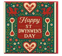 St Dwynwen's Day Card - Happy St Dwynwen's Day - Welsh Dragons & Heart Love Spoon Folk Floral Design, Romantic Welsh Card for Partner, Wife, Husband, Boyfriend or Girlfriend