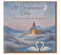 St Dwynwen's Day Card - Romantic Welsh Love Card with Winter Chapel Scene and Two Swans - Happy St Dwynwen's Day, Wishing You Love and Happiness