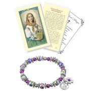 St Dymphna Bracelet - Saint Dymphna Prayer Card, The Lord's Prayer Card - Stretchable Round Saint Dymphna Bracelet with Purple and Amethyst Beads - St.Dymphna Bracelet and Cards Set of 3 Items