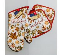 ST. Generic Fall Seasonal Cotton Oven Mitt and Pot Holders Set, Red Multi-Color with Leaves Design, Grateful Print, 3 Piece