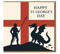 St George's Day Card - Knight and Dragon Silhouette on St George's Cross - Happy Day Greeting Card - England Flag Patriotic Celebration