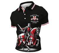 St Georges Day Polo Shirts for Men Plus Size Saint George Patriotic Graphic Print Tee Top Button Down Collared Neck Polo Shirt Casual Summer Breathable Regular Fit Golf Shirt,Black,XXL