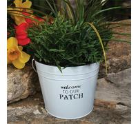 St Helens Vintage Metal "Welcome to Our Patch Pale Planter With Handle White