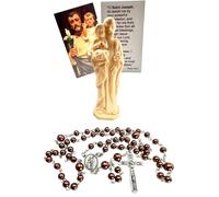 St. Joseph Statue Gift Set Saint Figurine Glass Bead Rosary and Holy Prayer Card Catholic Pack for Fathers, Husbands & Workers, Made in USA