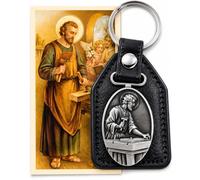 St Joseph the Worker Keychain Fob Style with Holy Prayer Card Catholic Gift | Pewter Medal Genuine Leather Saint Patron Carpenters Devotional Accessory Gift