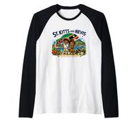 St Kitts and Nevis tee, St Kitts and Nevis Flag Map Graphic Raglan Baseball Tee
