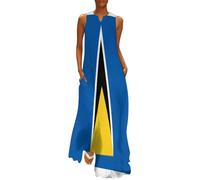 St Lucia Flag Womens Summer Maxi Dress, Patriotic Ankle Length Sundress, Slim Fit Sleeveless Dress, Beach Swing Style for Casual Days Blue