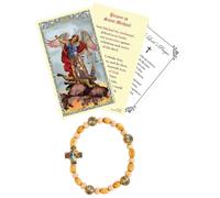 St Michael Bracelet - Laminated Prayer Card, The Lord's Prayer Card - Stretchable Wood Bead San Miguel Arcangel Bracelet, Catholic Cards Set - 3 Items