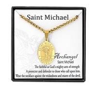St Michael Necklace for Men Boys, Stainless Steel Saint Michael Protect Us Archangel Medal Pendant Chain, Religious Baptism Catholic Jelwellry Gifts Gold