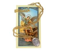 St. Michael Silver Medal with Gold Rim on Stainless Steel Chain with Laminated Prayer Card | Archangel Catholic Pendant