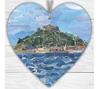 St Michael's Mount Coastal Heart Wall Art, Handmade Wooden Double-Sided Hanging Decoration, 12 cm Home Décor Gift