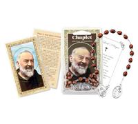 St Padre Pio Chaplet - 10" Oval Wood Bead Padre Pio Rosary Chaplet, Instruction Pamphlet, Laminated Padre Pio Prayer Card, Our Father Card - Padre Pio Chaplet Rosary Devotional Set, Total 4 Items