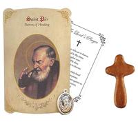 St Padre Pio Medal (1 Inch) - Padre Pio Medallion, Saint Pio Prayer Card, Wooden Comfort Cross To Hold, The Lord's Prayer Card - Padre Pio Patron Saint of Healing Themed Set - 3 Items Total, Oxidized