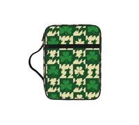 St. Patrick Clover Houndstooth Bible Cover Case with Handle, Water-Resistant Oxford Fabric Bible Bag Organizer with Zipper Pockets for Church