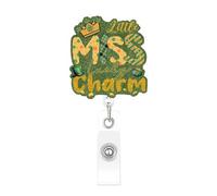 St.Patrick Retractable Badge Reel Little Miss Lucky Charm Shamrock Glitter Id Holder for Nurses Teachers Office Staff Irish Holiday Festive Name Tag Clip Cute Green Themed Work Accessory