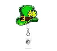 St. Patrick’s Day Badge Reel Clover Hat Badge Reel Green Glitter Badge Holder Retractable Acrylic Alligator Clip Cute Shamrock Hat Funny ID Name Tag Saint Patrick Badge Clips for Nurse Doctor Teacher