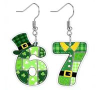St. Patrick‘s Day Earrings for Women - 2 Irish Jewelry Styles: Lucky 67 Number Earrings & Festive Shamrock Wine Glass Dangle Earrings, M, Metal, No Gemstone