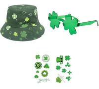 St Patrick’s Day Hat Set Green Shamrock Bucket Hat with Stickers and Novelty Glasses for Irish Festival Party Beach Travel Outdoor Dressing Up